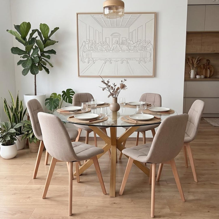 Comedor Mesa Redonda Equiz 120cm + 6 Sillas Vorak Lino Beige