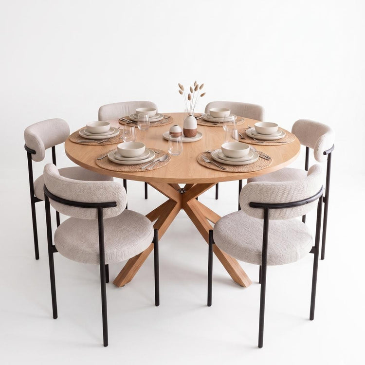 Mesa Redonda Equiz Wood 120cm | Base X + 6 Sillas Makena Beige