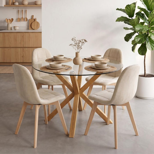 Comedor Mesa Redonda Equiz 100 cm + 4 Sillas Vorak Beige