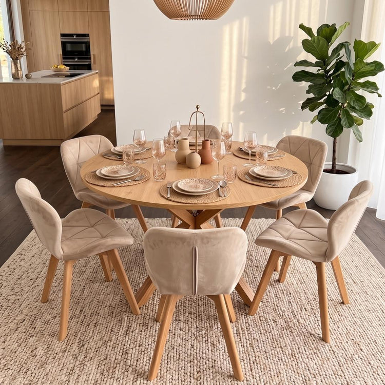 Comedor Mesa Redonda Equiz Wood  120cm + 6 Sillón Rubik Velvet Beige