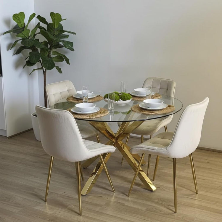Comedor Mesa Equiz 100cm (Patas X Dorada) + 4 Sillas Kena Beige (Pata dorada)
