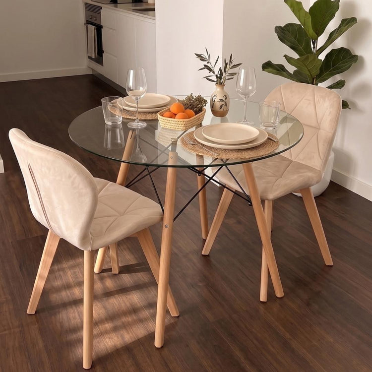 Comedor Mesa Redonda Elida 80cm + 2 Sillón Rubik Velvet Beige