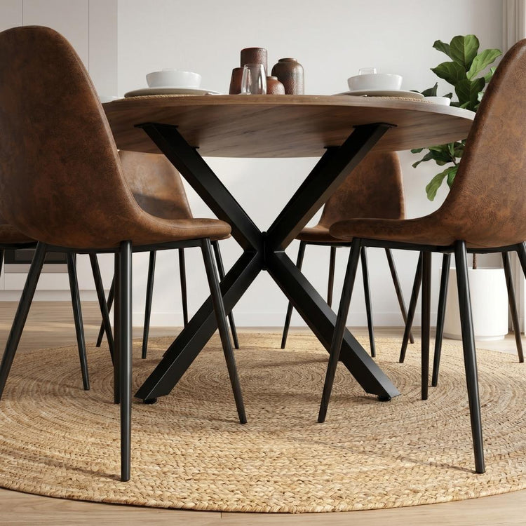 Comedor Mesa Redonda Equiz 100cm Madera | Base X Negro + 4 Sillas Isidora