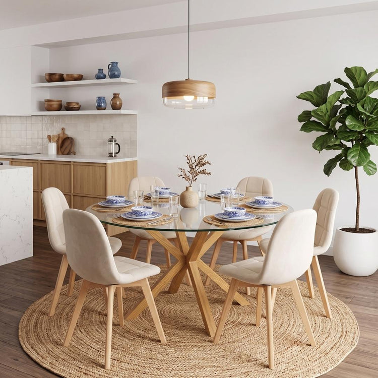 Comedor Mesa Redonda Equiz Wood  120cm + 6 Sillas Vorak Velvet Beige