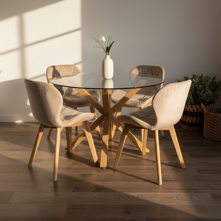 Comedor Mesa Redonda Equiz 100cm + 4 Sillón Rubik Beige Velvet