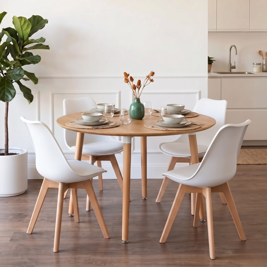Comedor Extensible Bayona Wood 100-180cm + 4 Sillas Tulip Blanco