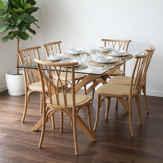 Comedor Moderno Mesa Xinia 140x90 + 6 Sillas Crosswood Natural