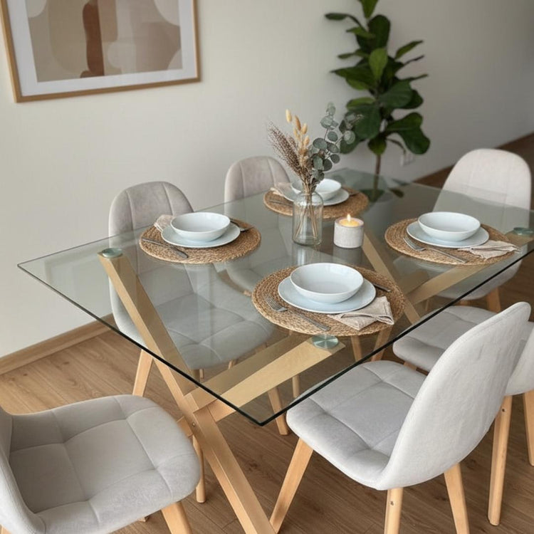 Comedor Mesa Xinia 140x90 + 6 Sillas Vorak Velvet Beige
