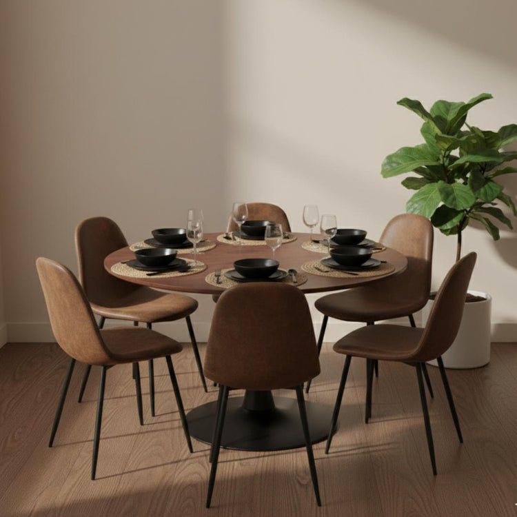 Comedor Mesa Tulip 120 cm (Cubierta Efecto Madera Oscura) + 6 Sillas Isidora