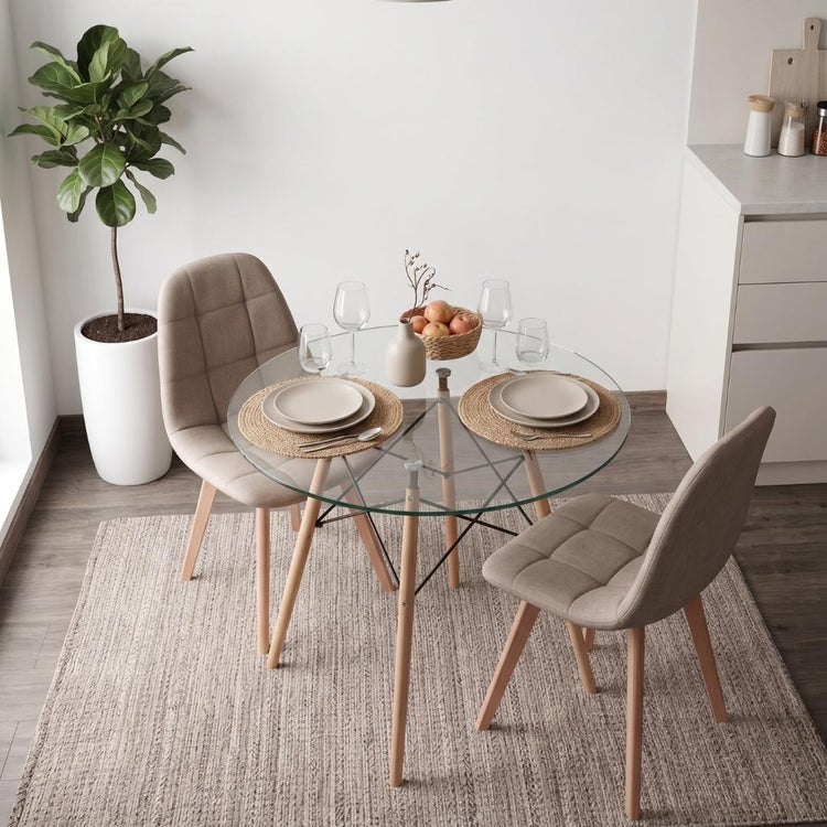 Comedor Mesa Redonda Elida 80cm + 2 Sillas Vorak Lino Beige