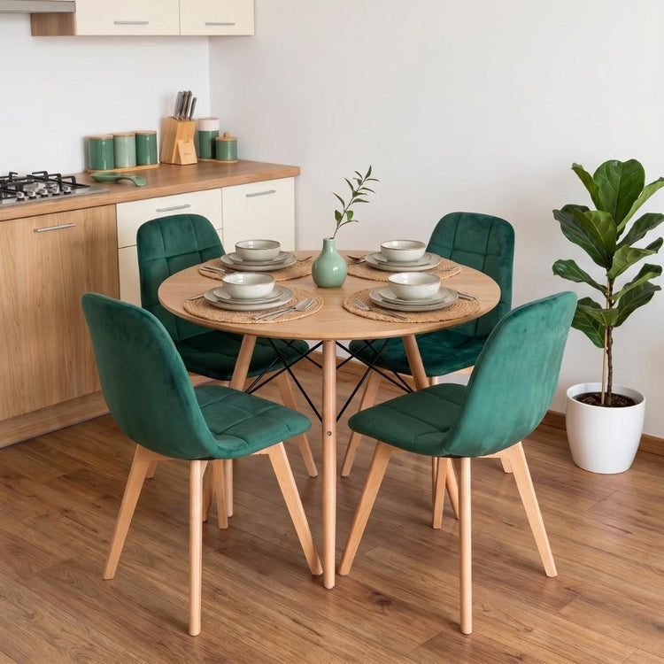 Comedor Mesa Redonda Shanna 100 cm + 4 Sillas Vorak Verde Esmeralda