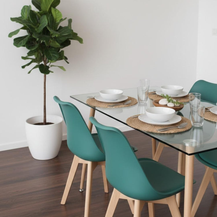 Comedor Mesa Vidrio 120x80 + 4 Sillas Tulip Verde Esmeralda