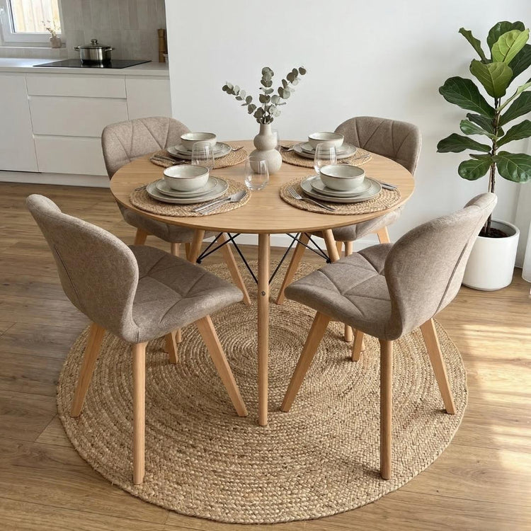 Comedor Mesa Shanna 100cm + 4 Sillón Rubik Beige Lino