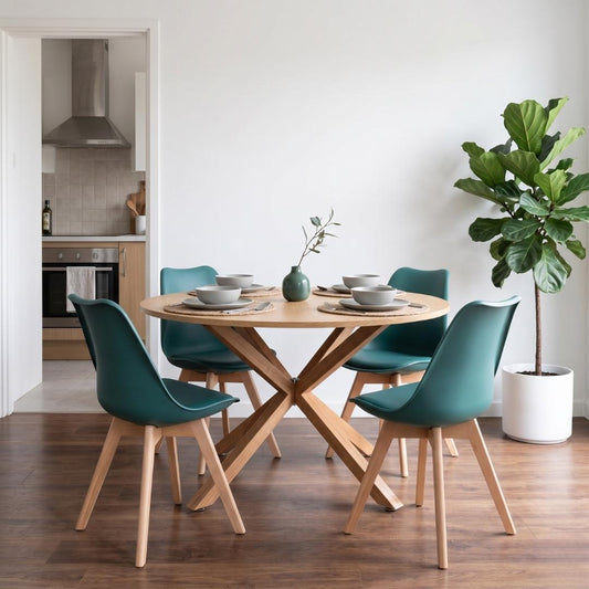 Comedor Mesa Redonda Equiz Wood 100cm + 4 Sillas Tulip Verde Esmeralda
