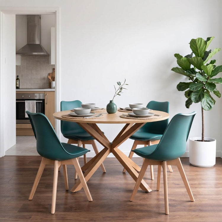Comedor Mesa Redonda Equiz Wood 100cm + 4 Sillas Tulip Verde Esmeralda