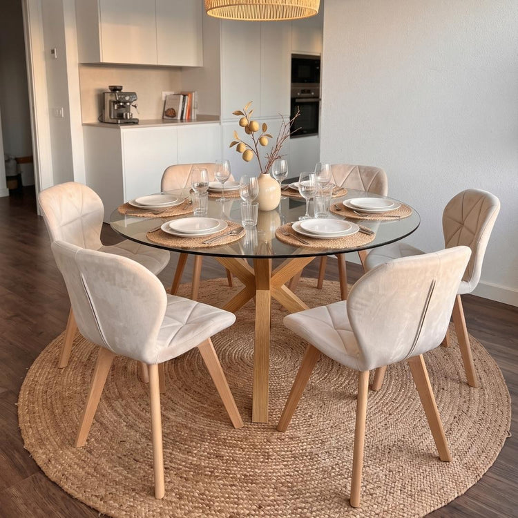 Comedor Mesa Redonda Equiz 120cm + 6 Sillón Rubik Velvet Beige