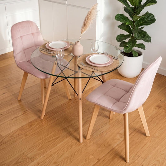 Comedor Mesa Redonda Elida 80cm + 2 Sillón Vorak Velvet Rosada