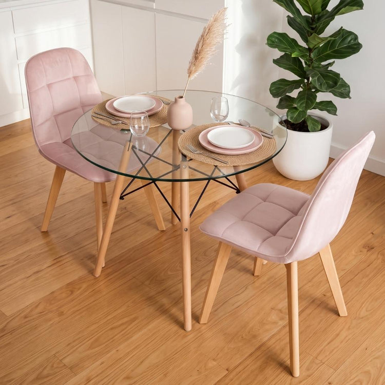 Comedor Mesa Redonda Elida 80cm + 2 Sillón Vorak Velvet Rosada