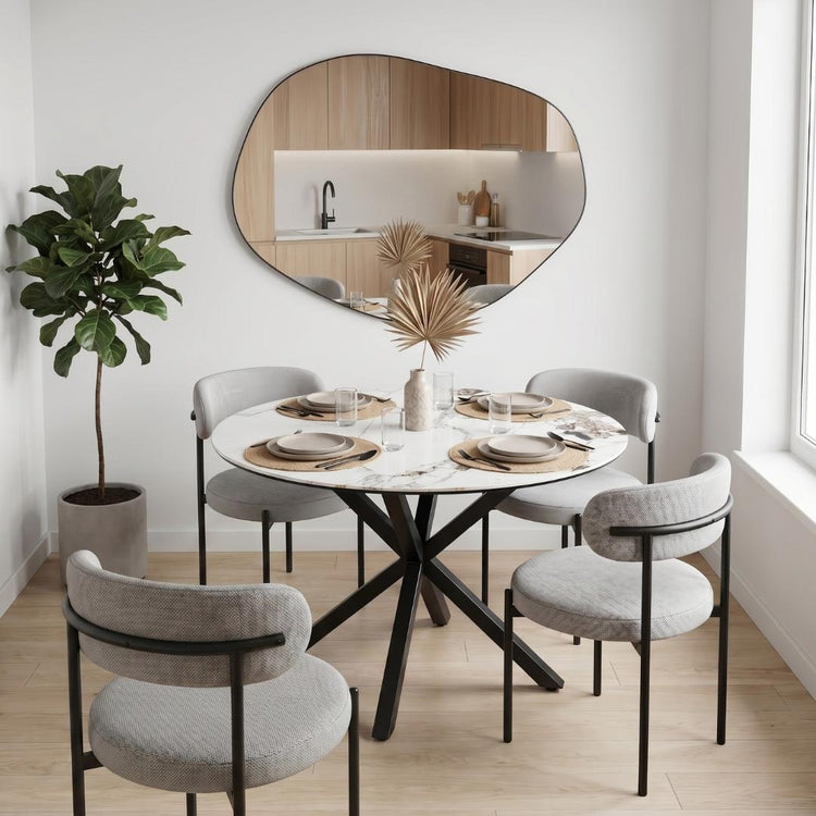 Comedor Mesa Redonda 100 cm Equiz | Cubierta Piedra | Base X Negro + 4 Sillas Makena Gris
