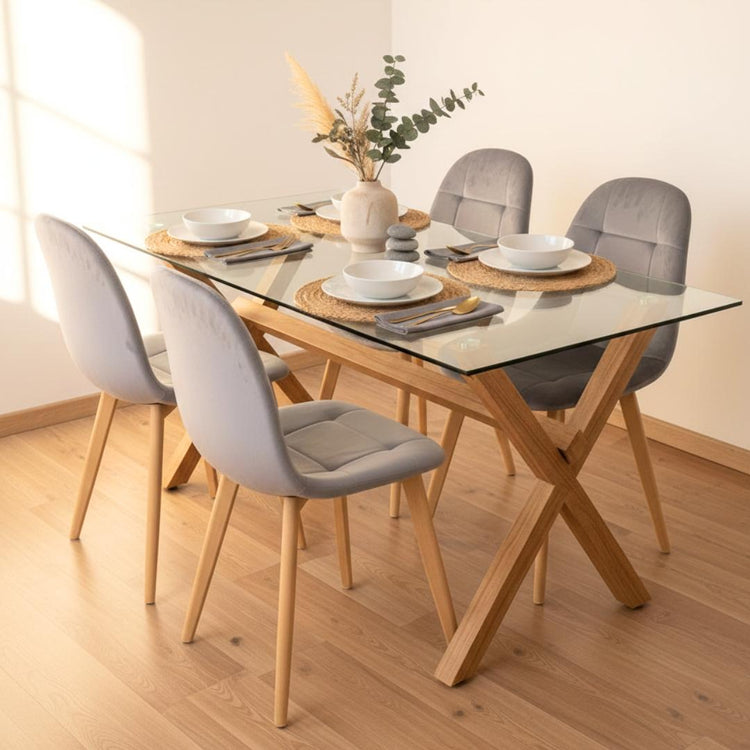 Comedor Mesa Xinia 130x80 + 4 Sillas Vorak Velvet Gris