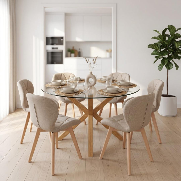 Comedor Mesa Equiz 120cm + 6 Sillón Rubik Lino Beige