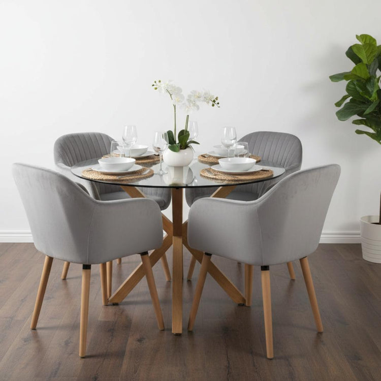 Comedor Mesa Redonda Equiz 120cm + 4 Butacas Almer Gris