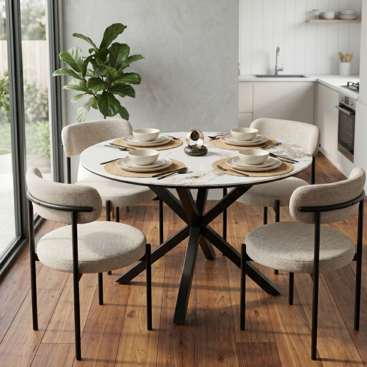 Comedor Mesa Redonda 100 cm Equiz | Cubierta Piedra | Base X Negro + 4 Sillas Makena Beige