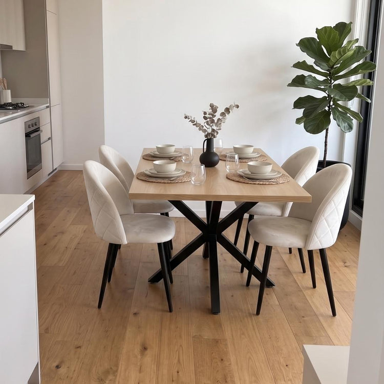 Comedor Mesa Greta Wood 140x90 | Pata Negra + 4 Silla Eloina Felpa Beige | Pata Negra
