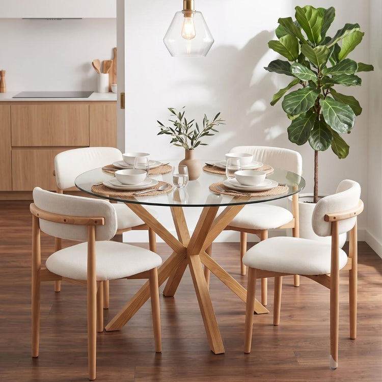 Comedor Mesa Equiz 100cm + 4 Silla Makena Lino Beige | Madera Natural