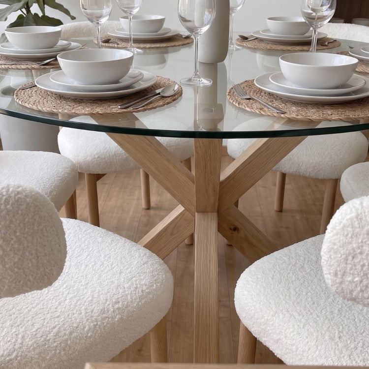Comedor Mesa Equiz 120cm + 6 Silla Makena Blanco Bouclé