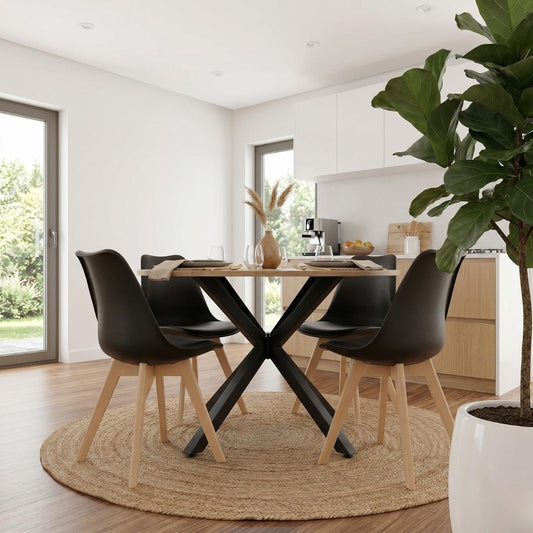 Comedor Mesa Redonda Equiz 100cm Madera | Base X Negro + 4 Sillas Tulip Negro
