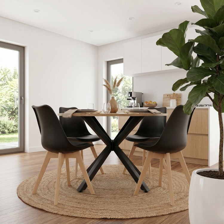 Comedor Mesa Redonda Equiz 100cm Madera | Base X Negro + 4 Sillas Tulip Negro