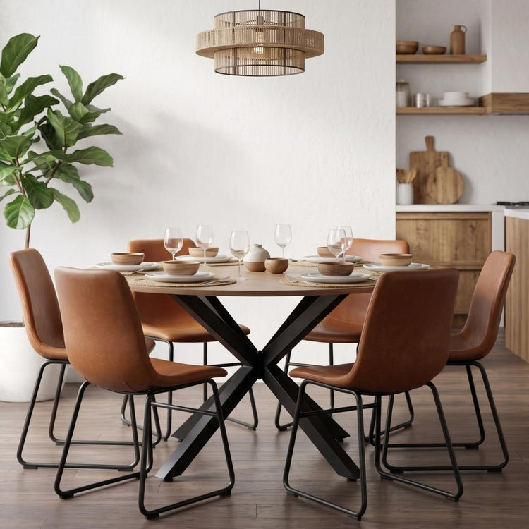 Comedor Mesa Redonda Equiz 120cm Madera | Base X Negro + 6 Sillas Toscana
