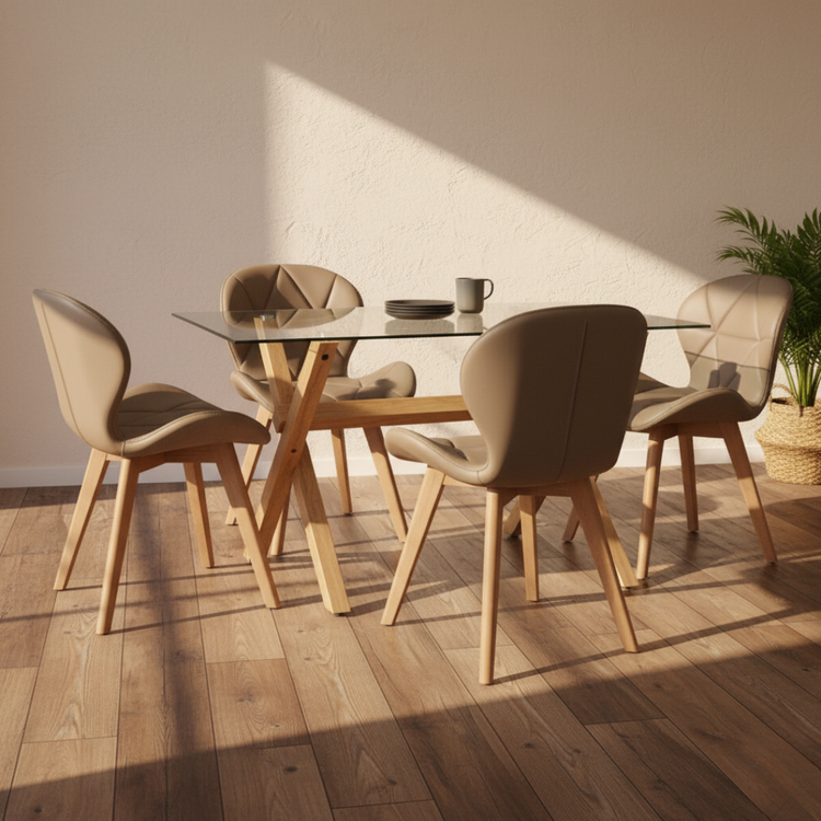 Comedor Moderno Mesa Xinia 130x80 + 4 Sillones Rubik Latte