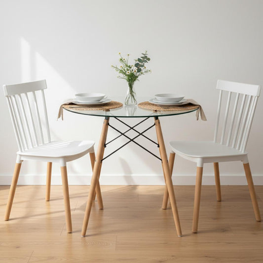 Comedor Mesa Elida 80 cm + 2 Sillas Windsor Blanco
