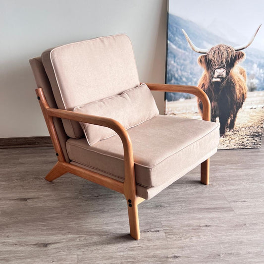 Sillón Andrea Tela Beige | Madera Natural