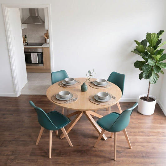 Comedor Mesa Redonda Equiz Wood 100cm + 4 Sillas Tulip Verde Esmeralda