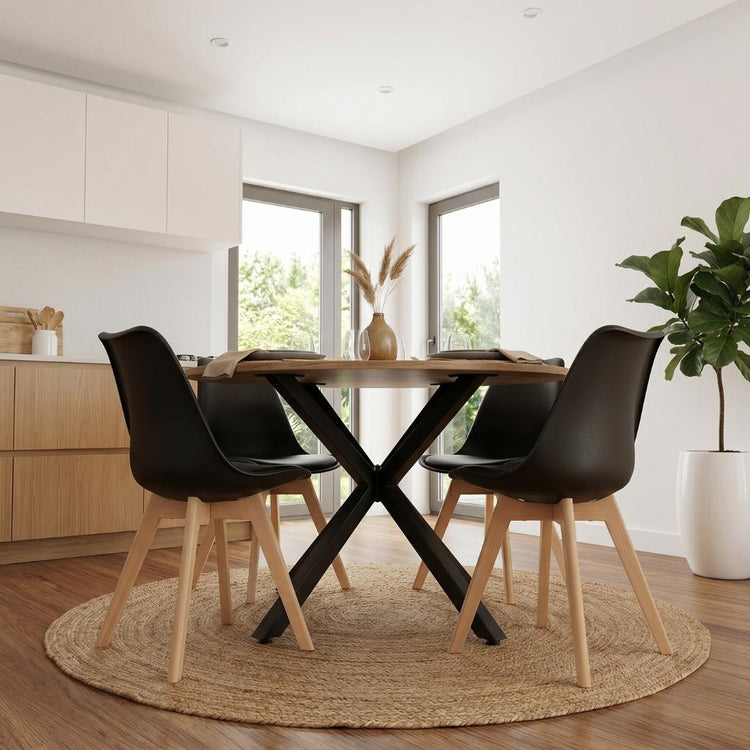 Comedor Mesa Redonda Equiz 100cm Madera | Base X Negro + 4 Sillas Tulip Negro