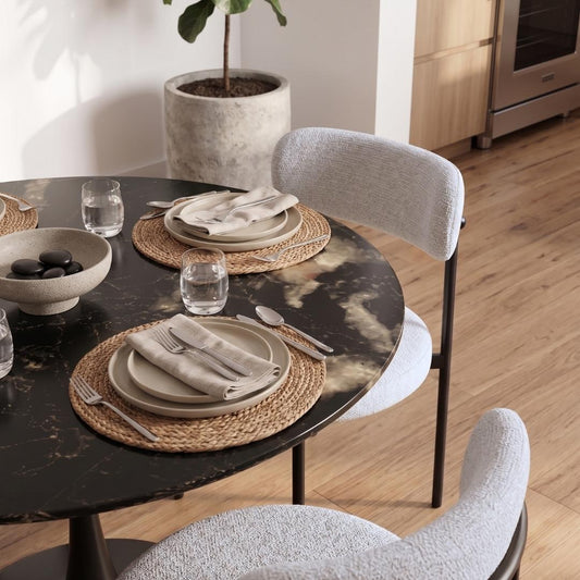 Comedor Mesa Tulip 100 cm | Piedra & Base Negro + 4 Sillas Makena Gris