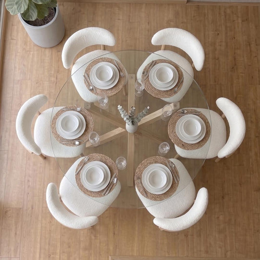 Comedor Mesa Equiz 120cm + 6 Silla Makena Blanco Bouclé