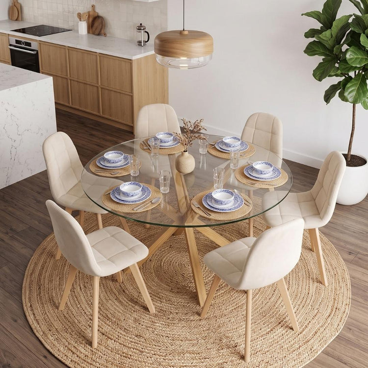 Comedor Mesa Redonda Equiz Wood  120cm + 6 Sillas Vorak Velvet Beige