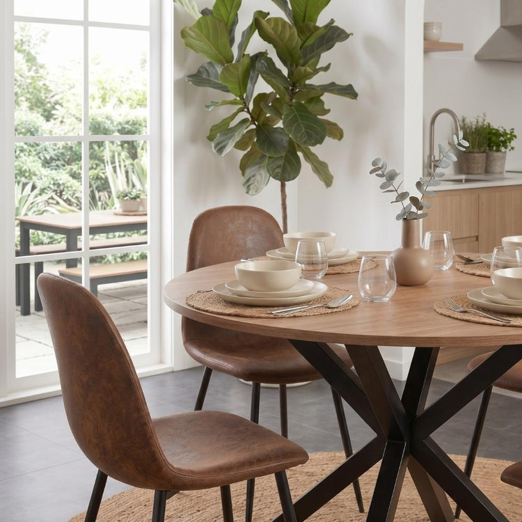 Comedor Mesa Redonda Equiz 100cm Madera | Base X Negro + 4 Sillas Isidora