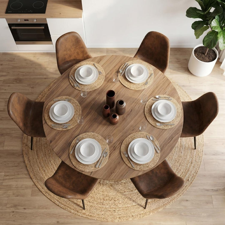 Comedor Mesa Redonda Equiz 120cm Madera | Base X Negro + 6 Sillas Isidora