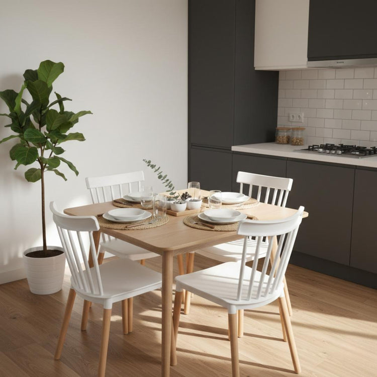 Comedor Mesa Cosmo Natural 70x70 cm + 4 Sillas Windsor Blanca
