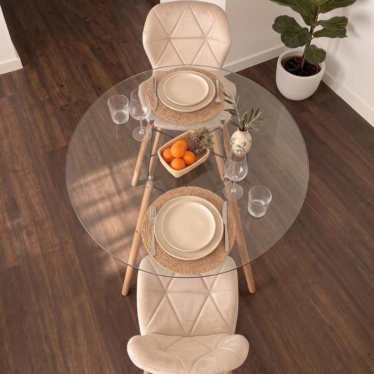 Comedor Mesa Redonda Elida 80cm + 2 Sillón Rubik Velvet Beige