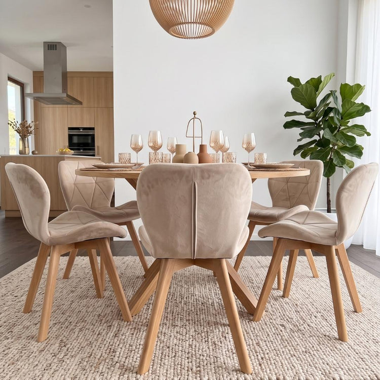 Comedor Mesa Redonda Equiz Wood  120cm + 6 Sillón Rubik Velvet Beige