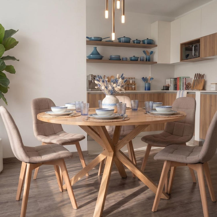 Comedor Mesa Redonda Equiz Wood  120cm + 6 Sillas Vorak Lino Beige