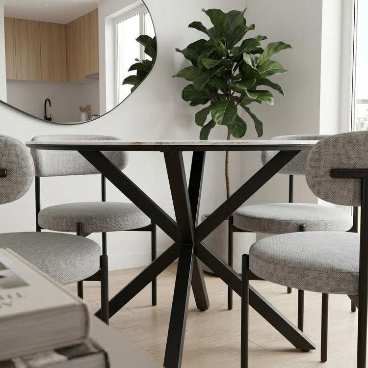 Comedor Mesa Redonda 100 cm Equiz | Cubierta Piedra | Base X Negro + 4 Sillas Makena Gris