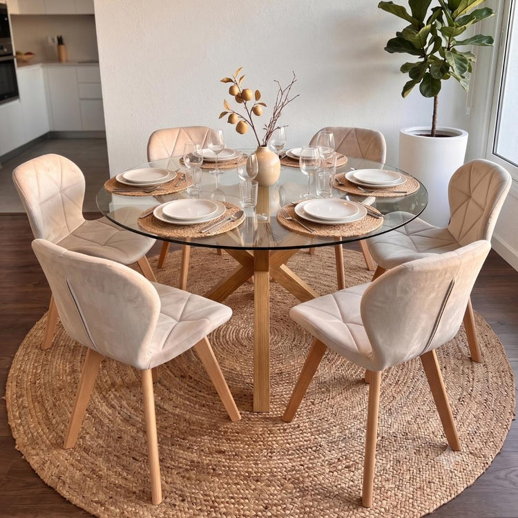 Comedor Mesa Redonda Equiz 120cm + 6 Sillón Rubik Velvet Beige