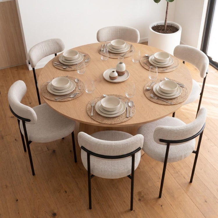 Mesa Redonda Equiz Wood 120cm | Base X + 6 Sillas Makena Beige